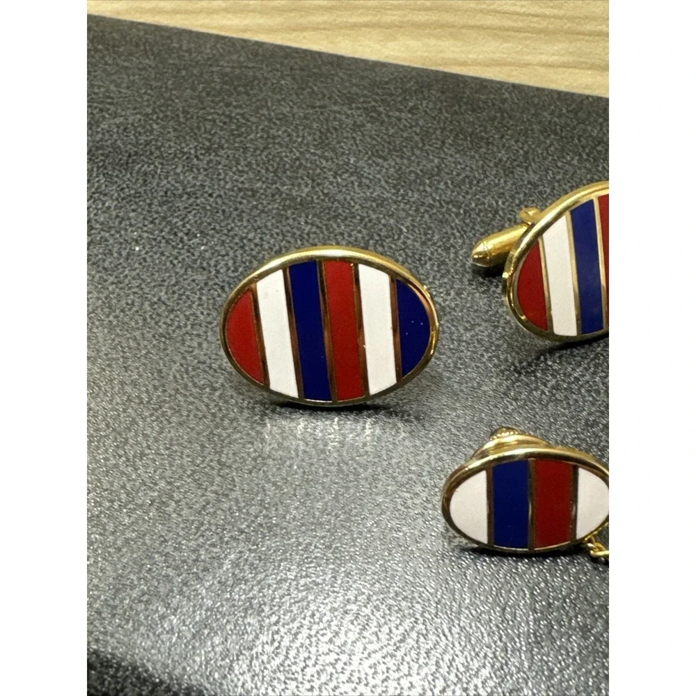 Vintage Red White And Blue Striped Oval Cufflinks and Matching Tie Tac Unmarked